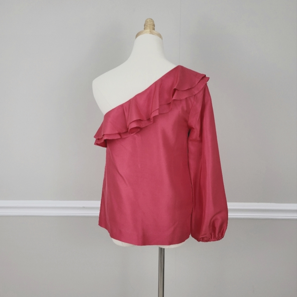 J Crew 100% Silk Pink Off the Shoulder  Ruffle Top Size 4 - Picture 6 of 9
